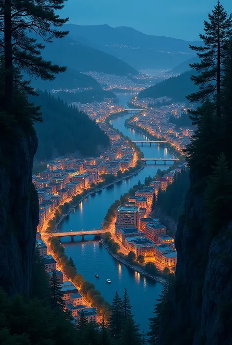 Create a medium-sized city divided by a river viewed from a pine cliff; It&#39;s night.