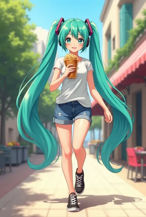 A full-body image of Hatsune Miku, the virtual singer, walking while eating a Venezuelan tequeño. She is holding the tequeño with a joyful expression as she casually walks, with her long turquoise hair flowing behind her. She is wearing her iconic outfit w...