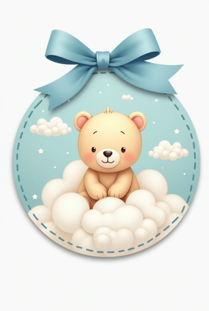  Generate a round tag in 4k high definition image,Little Bear in the Clouds  , shades of beige and blue colors , TAG for a baby shower , leave spaces for data editing ,with space for data  , a blue ribbon blue background with white clouds