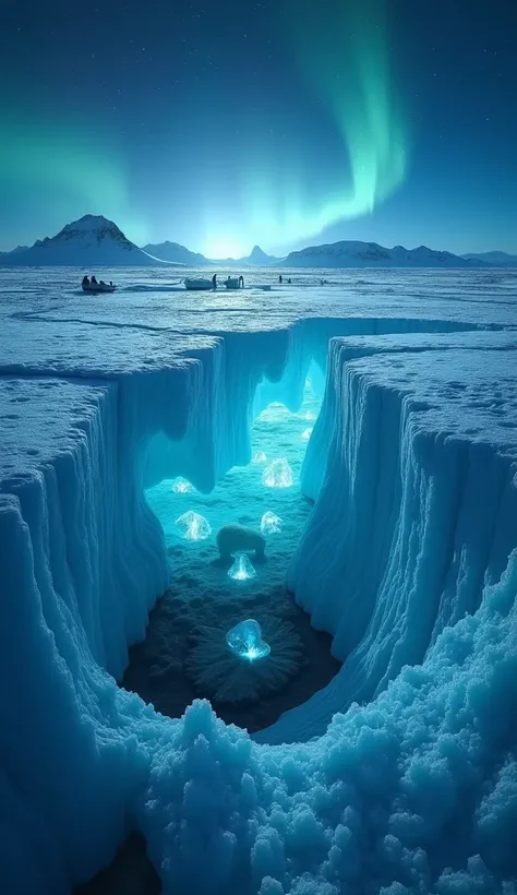  An intriguing scene of a vast and mysterious ice field in Antarctica ,  with translucent ice layers revealing enigmatic shapes and silhouettes below the surface.  Small glowing microorganisms and organic structures can be seen ,  as shadows of prehistoric...