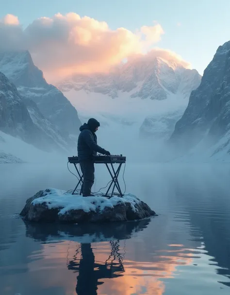 (Ultra-realistic, cinematic photography, dreamlike atmosphere, ethereal lighting, high detail, 8K resolution), a lone DJ standing and performing on a professional DJ setup placed on a sleek, sturdy DJ stand atop a small, snow-covered rock island in the mid...