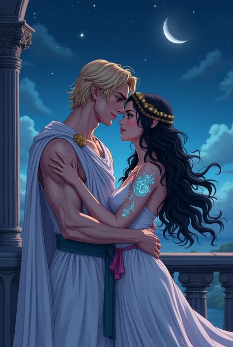 in manhwa style/ anime style. a man and woman holding each other in a way that we can see their faces. the man  has blonde mid length hair. the woman has black wavy hair. they are wearing ancient roman clothes. the woman has blue luminescent swirls tattoos...