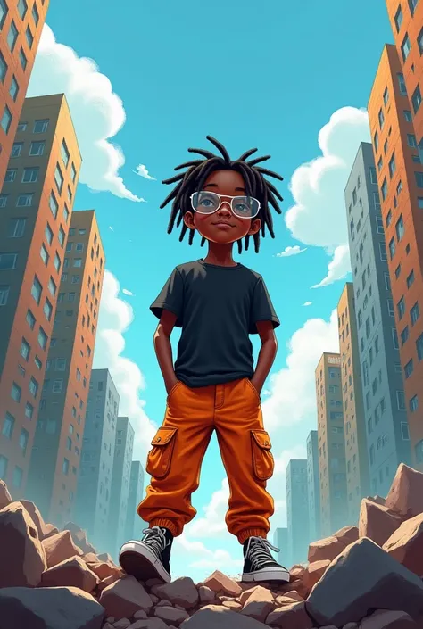  Digital style illustration painting of a dark-skinned boy with dreadlocks and protective glasses, wearing a black T-shirt and orange cargo pants .  He stands on the rubble among tall, dense old and modern buildings in a futuristic city .  clear sky with w...