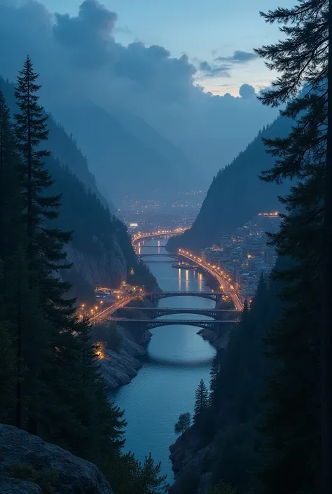 Make an average city separated by a river where there is a single bridge. The city must be bigger on one side and narrower on the other, On the narrowest side there must be a mountain, The city will be watched from a pine cliff at night