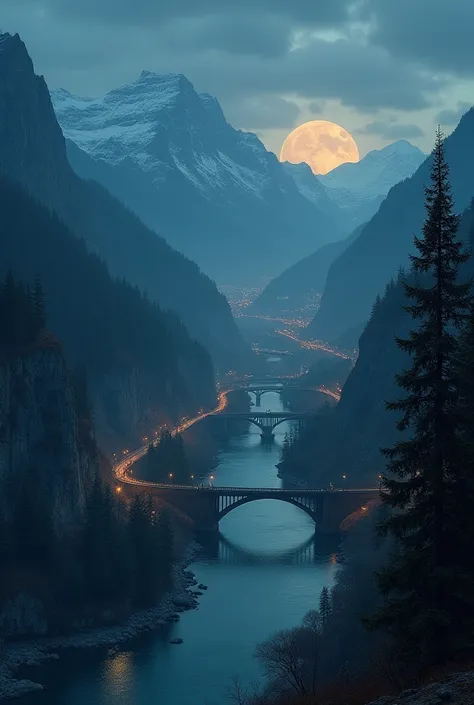 Make an average city separated by a river where there is a single bridge. The city must be bigger on one side and narrower on the other, On the narrowest side there must be a mountain, The city will be watched from a pine cliff at night