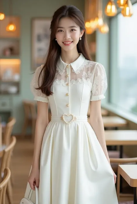 a beautiful young Korean woman aged 18 , long straight brown hair tied back neatly wearing a white dress .  The dress has feminine details ,  like lacy collar ,  pearl buttons ,  and pleated skirt .  The dress was combined with a white heart-shaped belt an...