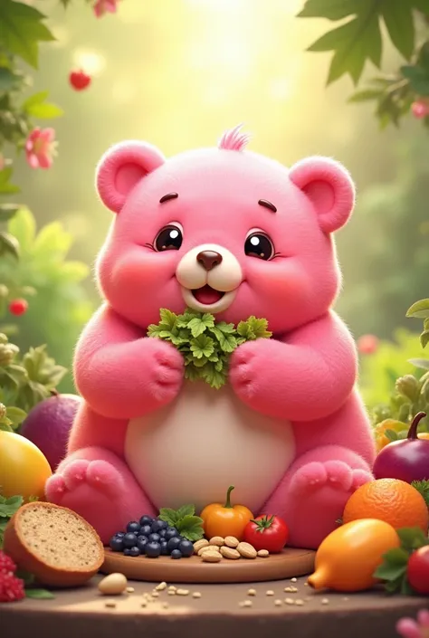 Pink bear with healthy food 