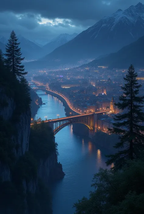 Create a city divided by a river where there is a bridge, The city must have mountains surrounding it and it must be observed from a pine cliff on a dark night