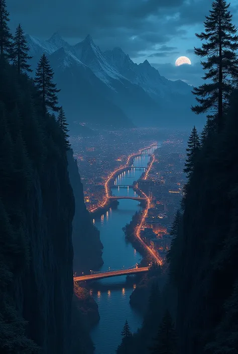 Create a city divided by a river where there is a bridge, The city must have mountains surrounding it and it must be observed from a pine cliff on a dark night