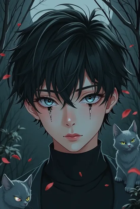  black hair,age male ,, student, handsome,Under eye spots,Wolf statue,Cat statue,Torn eyes