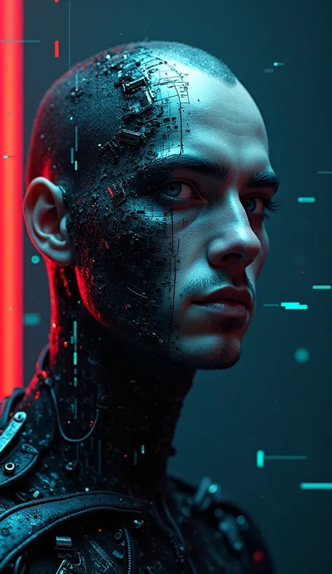  A dark and futuristic male avatar with a cyberpunk style ,  representing the technological dystopia of the song 'Se Te Va de las Manos' .  A man with half his human face and the other half transformed into a machine, with cold and digital eyes , showing a...