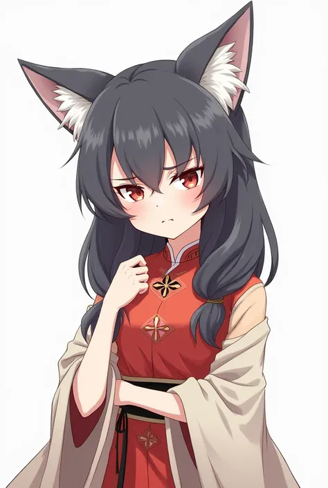 I want a girl with a wolf's ear ,  dressed in traditional Chinese clothes ,  with an angry face like she's complaining about something, white background ( anime style) 