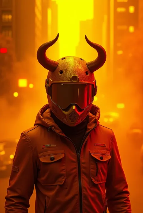 1 orange and yellow city background ,( yellow and red together ),  several fire ashes in neon gold, A motorcycle helmet in the middle with some horns around it,(yellow the color ) high resolution,  Precise,  masterpiece,  Textured skin , 