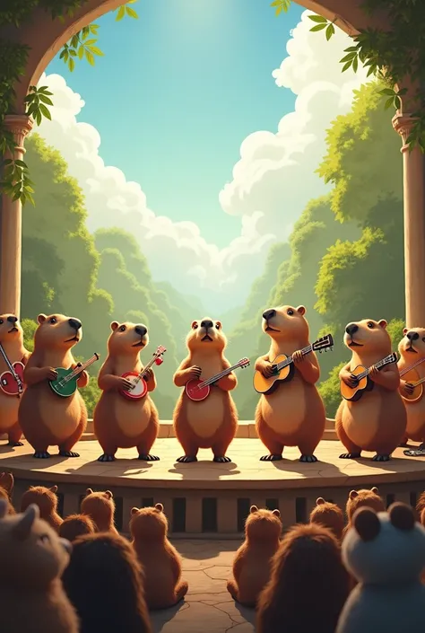 Music band formed by Capybaras on a stage