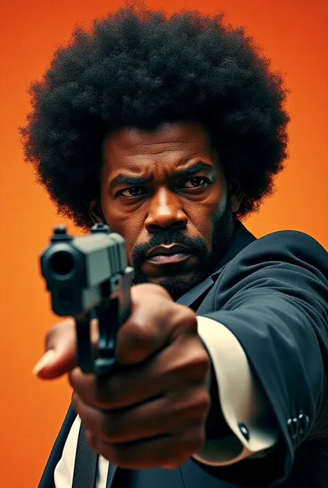 Image style Pulp fiction Samuel l Jackson coupe afro visant avec un pistolet