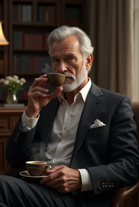 Create an image of the president 
Mature man sitting on a piece of furniture drinking coffee