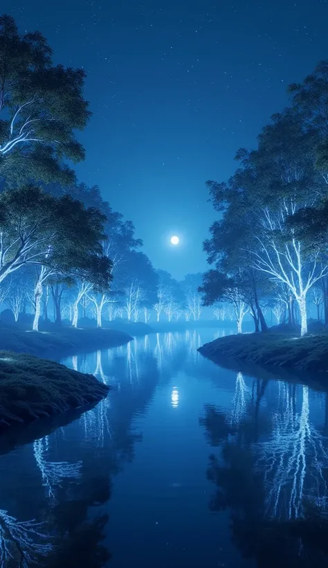 A serene lake surrounded by glowing bioluminescent trees under a starry sky, soft moonlight reflecting on the water, a calm and peaceful atmosphere, ((masterpiece, ultra-realistic, 8K resolution))