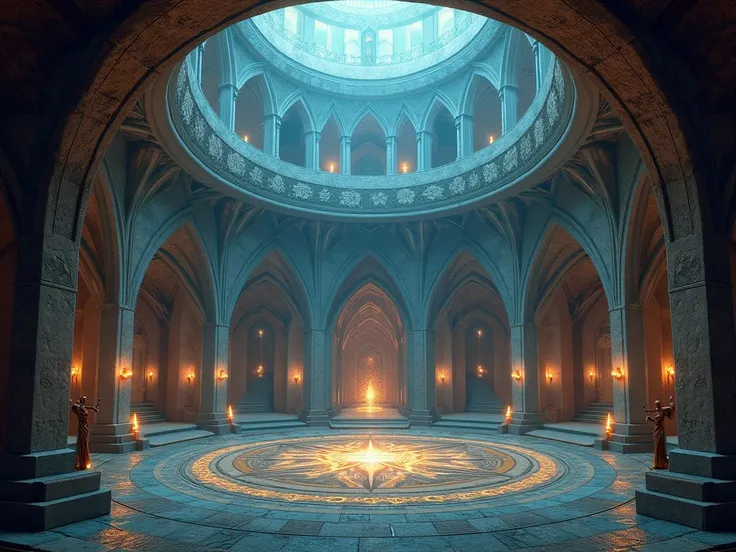 Huge fantasy round arcane wizard tower interior hall, stone walls, no people, arcane magic atmosphere