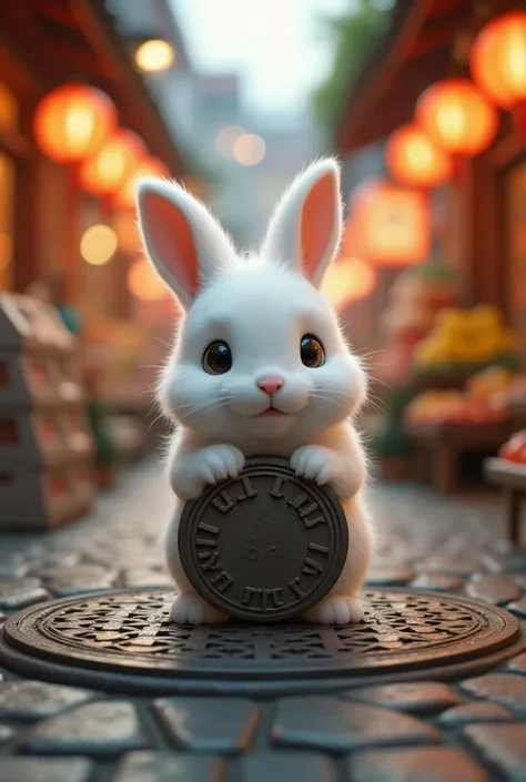 A close-up of The cute white fluffy rabbit is holding the drain manhole up in its hands.in street of Asian Market place with Warm golden lighting, realistic textures, cinematic depth of field."

