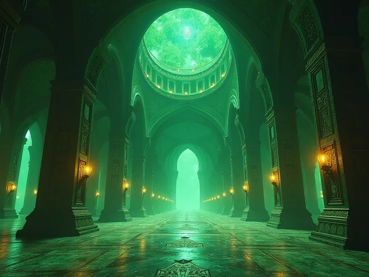 Huge fantasy round life wizard tower interior hall, green walls, no people, life magic atmosphere