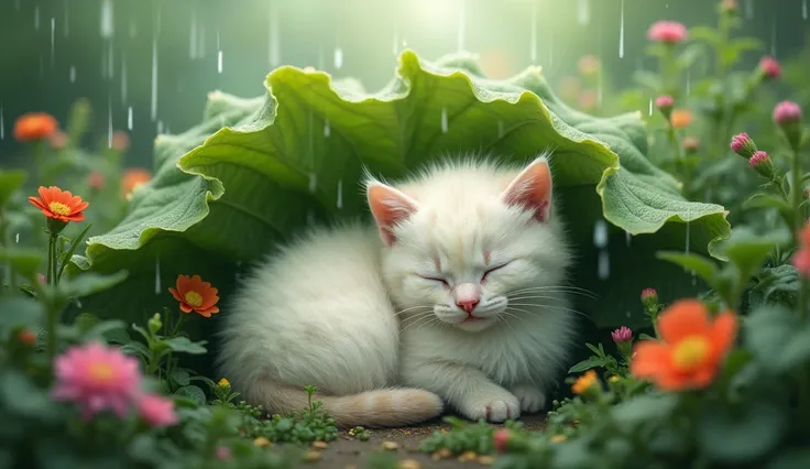 a white kitten sleeps under large burdock leaves hanging over it in a thicket in a flower garden in rainy weather