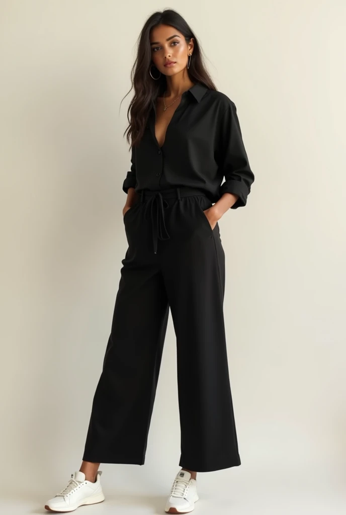  Create a Brazilian model with a strong and modern ,  wearing simple black clothing , but sophisticated,  that transmits elegance and confidence .  She must have a clean look ,  with a touch of modernity . } The main piece can be a black cut blouse reto , ...