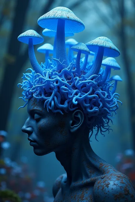 Hawaian magic mushrooms growing out of a human brain. The mycelium has colonised the brain with blue tendrils. The mushrooms are blue