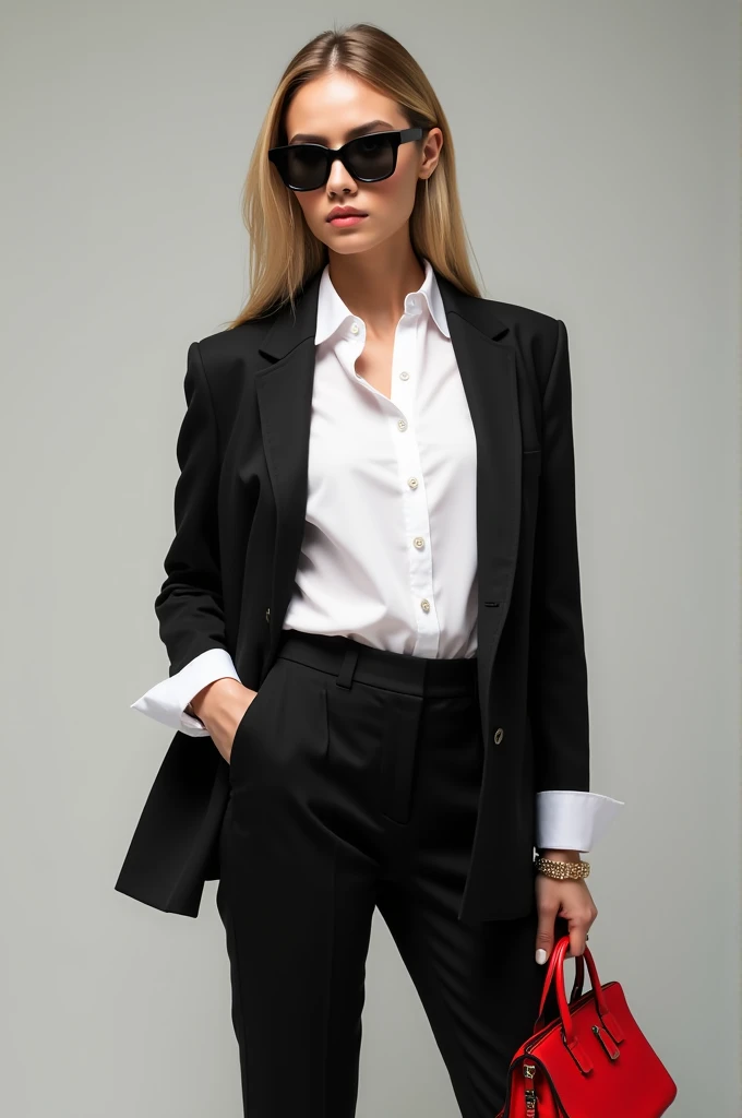 Model with black sunglasses white blouse .  black pants,  black overlay jacket and trendy red bag