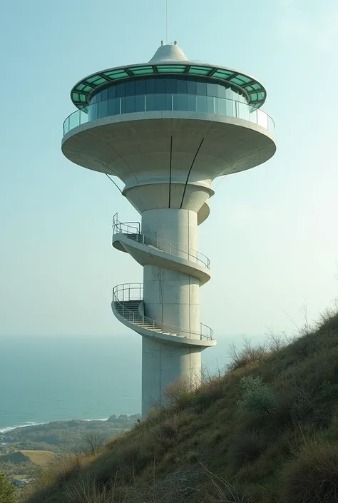 there is a tall KULE  with a glass top and a staircase, lookout KULE ,  Observation deck , watch KULE , futuristic KULE ,  unique architecture !, KULE ing high up over your view, futuristic outpost building, KULE ,  futuristic structures,  Le Corbusier , o...