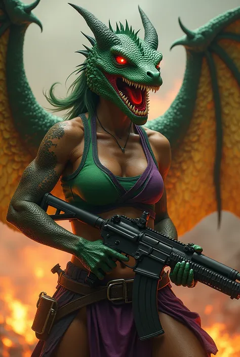 A dragon woman with dragon head green purple tank top AK 47 green wings fire spitting red glowing eyes with blood 