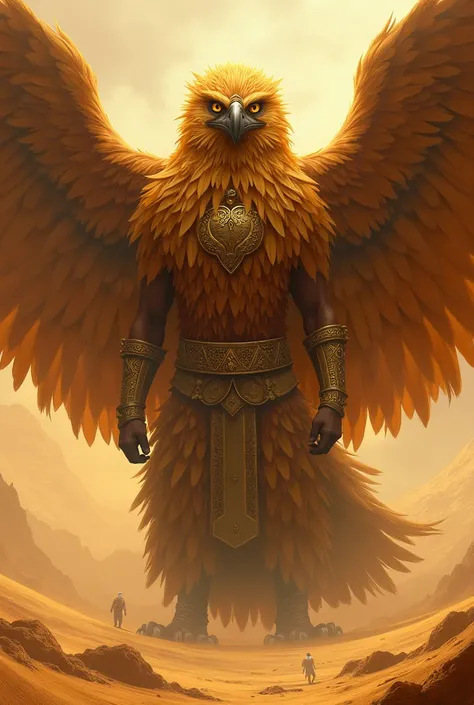 A gigantic half-man eagle , completely covered by feathers,  whose name is Tigon the god of the winds, and lives in a large sandy desert