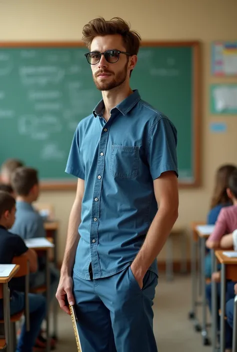 Young adult, brown hair and the beginning of a beard , il a des lunettes et une chemise chemise bleue. Il a des chaussures et un pantalon de travail. He is in a classroom and there is a ruler in his hand.