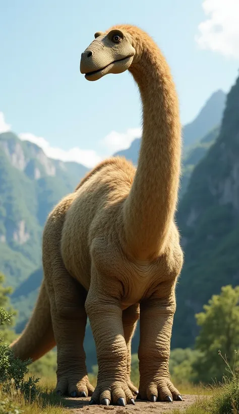 Brontosaurus standing on its four legs ,  had a long neck covered in light brown fluffy fur, very thick and long all over his skin from his feet to his face, Background of green mountains  