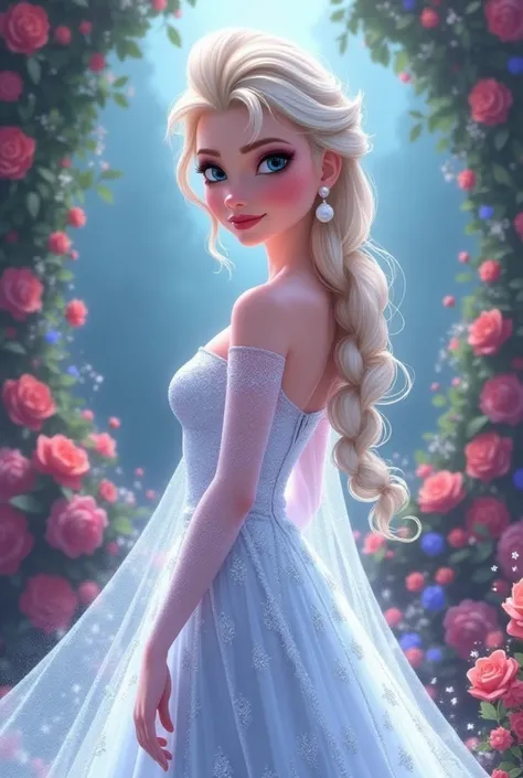 Disney princess Elsa wearing white glittery     
 wedding gown , with beautiful pearl jewelry in a flower garden 