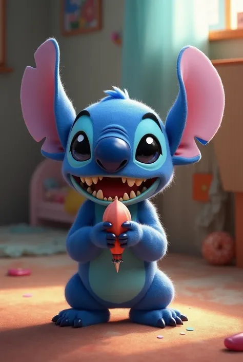 Genere le personnage stitch qui a une flechette de jeu dans ses mains 