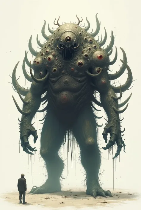 Large, dominant monster ,  that has many arms and eyes all over its body,  that is drawn without much detail  