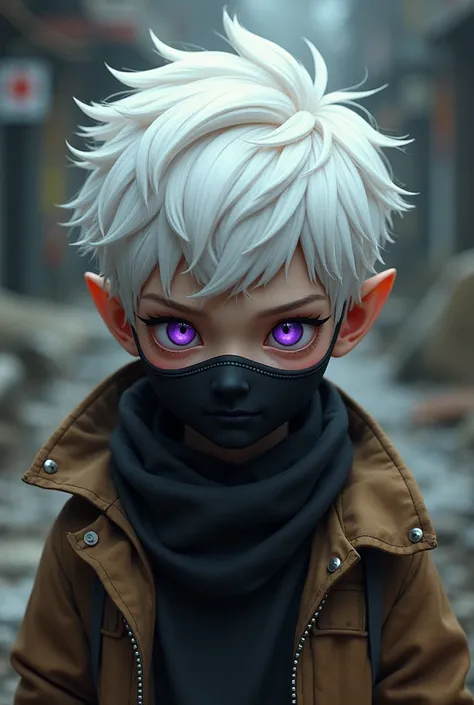 A boy
 White-haired purple eyes black mouth mask and a brown jacket
