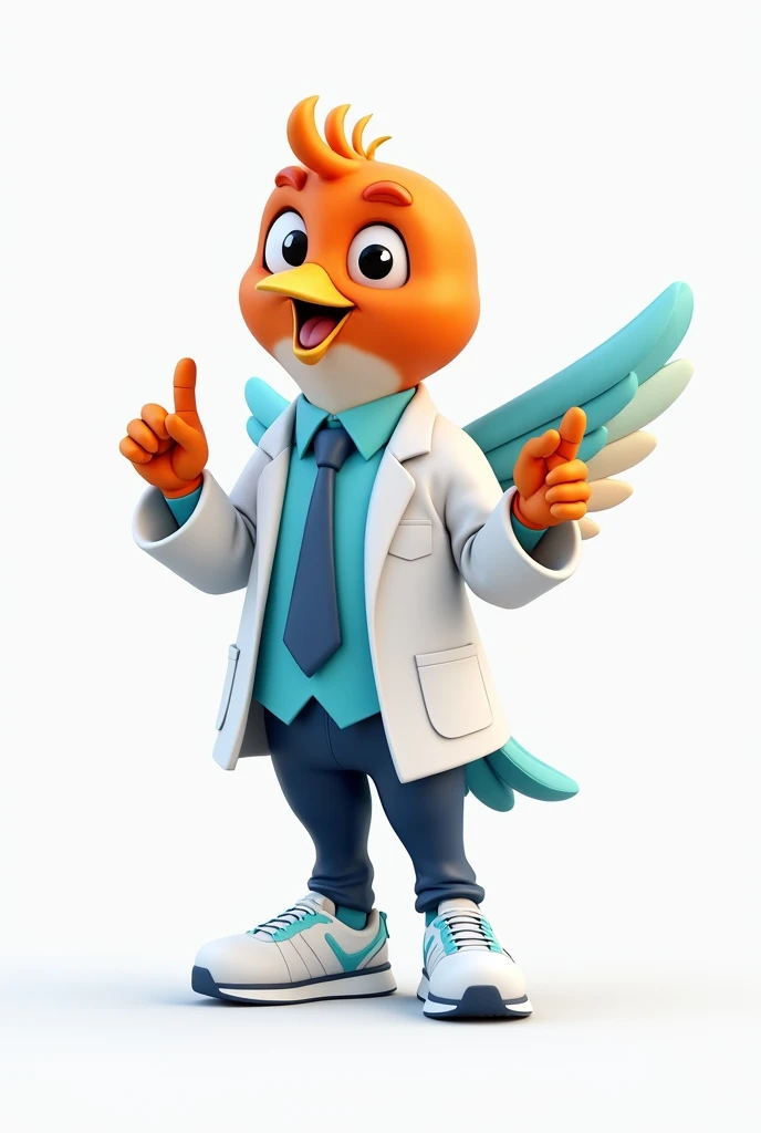 Create a vibrant and cartoon-style 3D illustration of an anthropomorphic hummingbird mascot. The mascot has an orange head and body, complemented by a bright blue beak and chest, with feathers blending into light blue and orange tones on its wings and tail...