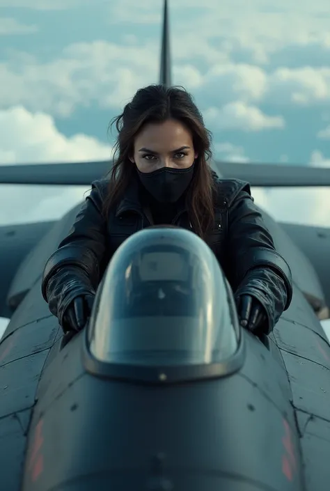 Woman with black mask flying a warplane