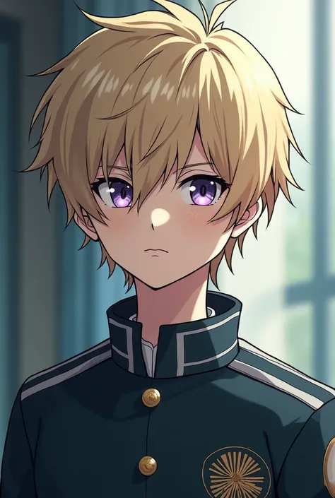  Serious teenage boy very white with short light blonde hair with bangs split in half, with bright violet eyes and full lips wearing My Hero Academia anime-style school uniform