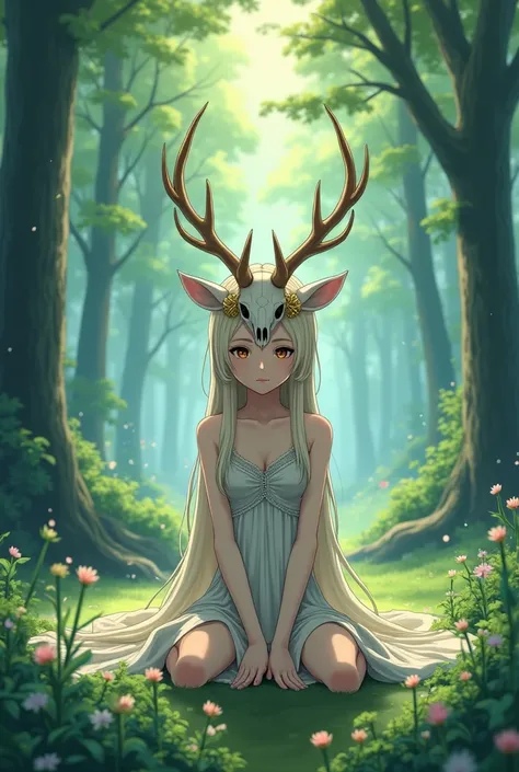 anime girl with a horned head and a deer's skull sitting in the woods, an anime drawing by Yuumei, pixiv, forest soul, forest hunter lady, anime lush john 8k woods, cute forest creature, forest spirit, princess mononoke inspired, goddess of the forest, stu...