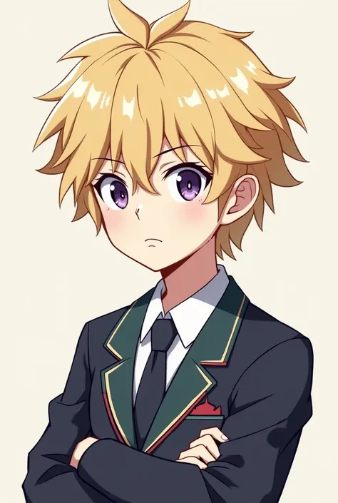 Serious age boy very white with short wavy hair very light blonde short with bangs split in half, Serious look with bright violet eyes and full lips wearing My Hero Academia anime-style school uniform