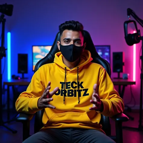   An  Indian man sitting confidently on a modem gaming chair in Behind the Desk in his YouTube studio. He is wearing a bright yellow hoodie with TECK ORBITZ boldly printed on it. His face is clearly visible and expressive despite wearing a sleek black COVI...