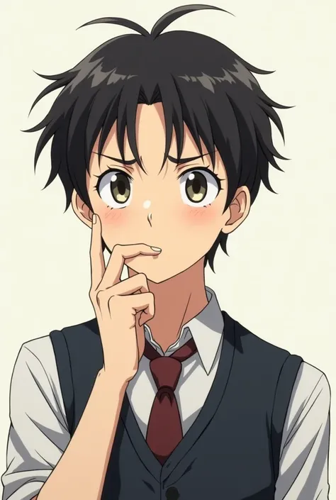 A picture of a male anime character putting his hand on his chin and showing signs of confusion and anxiety and wearing intellectual clothes