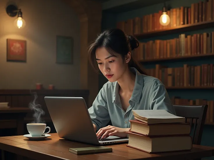 create an atmosphere that depicts someone sitting in a library cafe while enjoying coffee and staring at a laptop screen, there are also several books beside the laptop