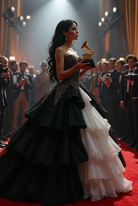 Create a realistic image of a black-haired white woman in a very very very very very large black and white dress receiving a Grammy 