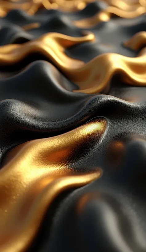 3D render of liquid golden and blakc waves, soft lighting, smooth curves, metallic texture, elegant design, high resolution, subtle reflections, delicate textures,
