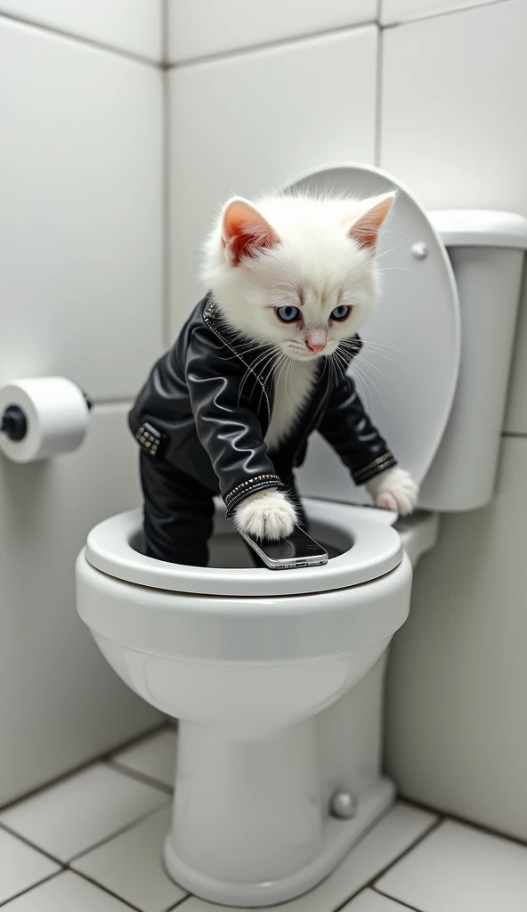 The white kitten in a leather jacket and black trousers stretches its hand to retrieve the phone from the toilet bowl.