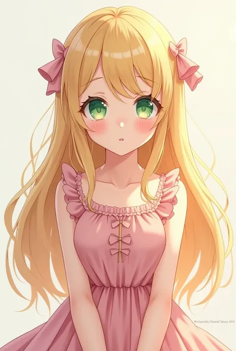 Anime girl with long yellow hair and green eyes, white skin, and wearing a cute pink dress