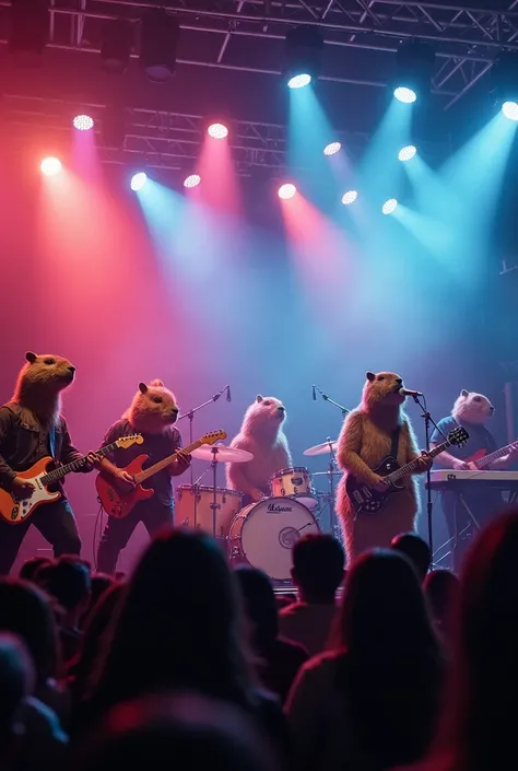  Create a realistic and vibrant image of a capybara band with human bodies performing on a large stage illuminated by colorful lights.  Each capybara should have a capybara head , But the human body ,  wearing rock or pop band clothes .  Each member plays ...